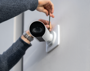 Person in a sweater mounting and installing a Verkada Bullet Camera.