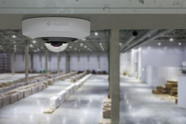 A hombus R360 Fisheye Security Camera mounted on a ceiling in a warehouse.